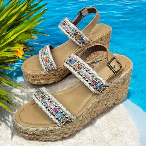 Y-Not Straw Wedge Sandals Huzzah Espadrilles Platform Shoes 8.5 Women's Colorful - Picture 3 of 12